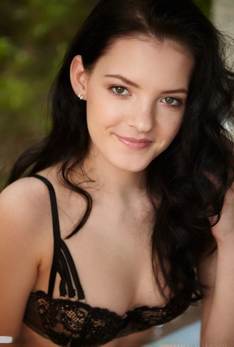 Slim teen Anie Darling frees her tight ass and yummy twat from black lingerie 52386530