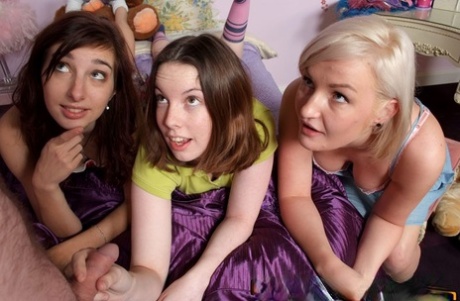 Three British girls give CFNM blowjobs during the course of a sleepover 17092185