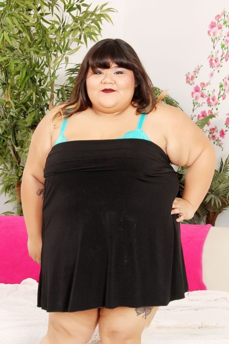 Hot Asian SSBBW Sugar strips sexy lingerie to show saggy tits & suck cock 89806536